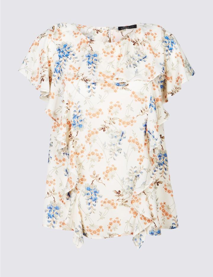 Marks & Spencer Floral Print Ruffle Round Neck Shell Top Ivory Mix