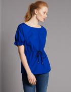 Marks & Spencer Pure Cotton Round Neck Short Sleeve Blouse Cobalt