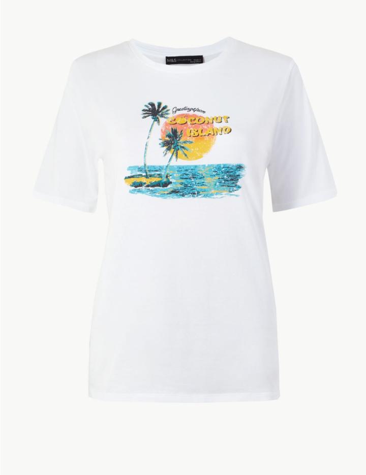 Marks & Spencer Pure Cotton Palm Slogan Straight Fit T-shirt White Mix
