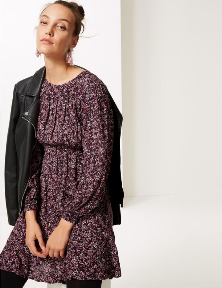 Marks & Spencer Floral Print Long Sleeve Skater Dress Pink Mix