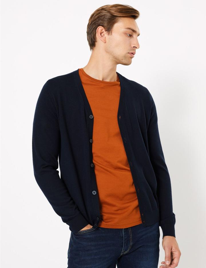 Marks & Spencer Pure Merino Wool V-neck Cardigan Navy
