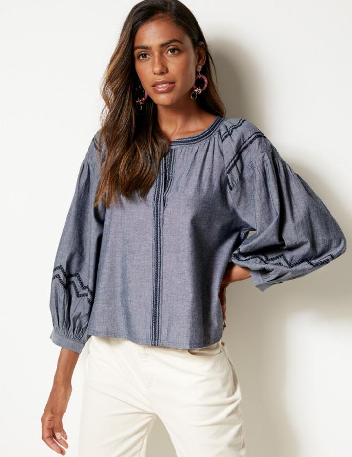 Marks & Spencer Pure Cotton Embroidered Long Sleeve Blouse Dark Grey