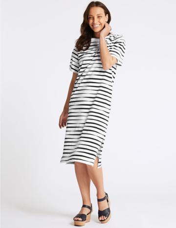 Marks & Spencer Pure Cotton Striped Round Neck T-shirt Dress Navy Mix