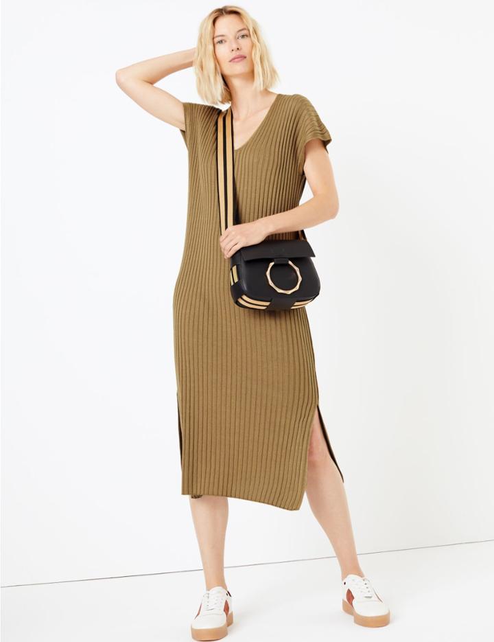 Marks & Spencer Ribbed V-neck Knitted Dress Camel