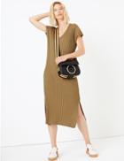 Marks & Spencer Ribbed V-neck Knitted Dress Camel