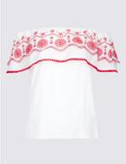 Marks & Spencer Pure Cotton Embroidered Bardot Top Red Mix