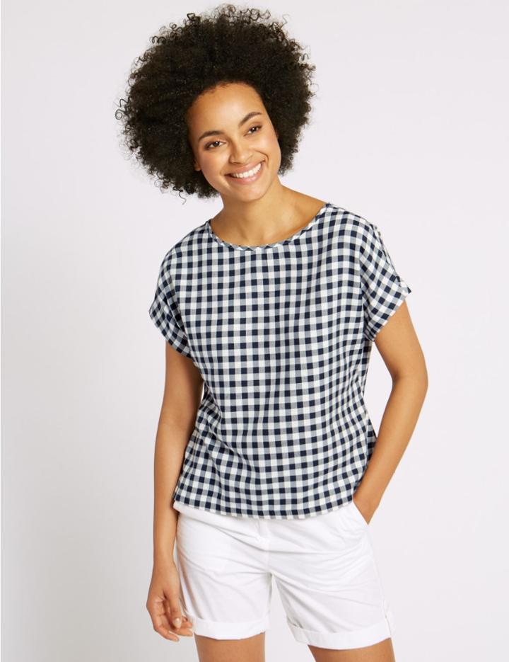 Marks & Spencer Cotton Blend Gingham Short Sleeve Shell Top Navy Mix