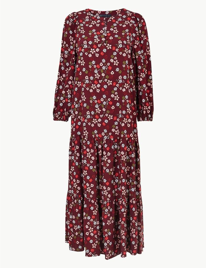 Marks & Spencer Ditsy Floral Print Relaxed Midi Dress Dark Red Mix