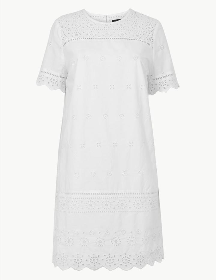 Marks & Spencer Pure Cotton Embroidered Shift Dress Soft White