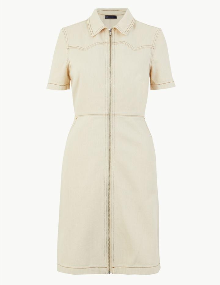Marks & Spencer Mini Denim Fit And Flare Dress Ecru