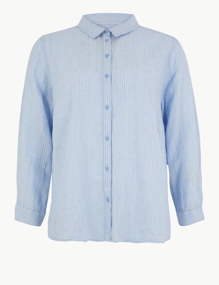 Marks & Spencer Curve Pure Linen Oversized Striped Shirt Blue Mix