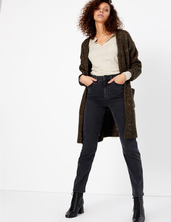 Marks & Spencer Textured Relaxed Fit Cardigan Dark Green Mix