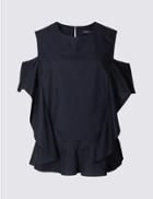 Marks & Spencer Pure Cotton Ruffle Cold Shoulder Shell Top Navy