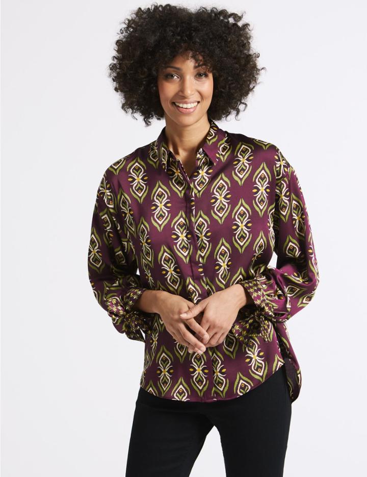 Marks & Spencer Geometric Print Long Sleeve Tie Cuff Shirt Purple Mix