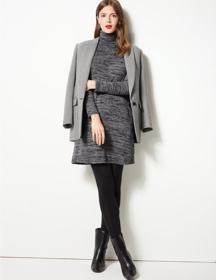 Marks & Spencer Textured Long Sleeve Shift Mini Dress Grey Marl