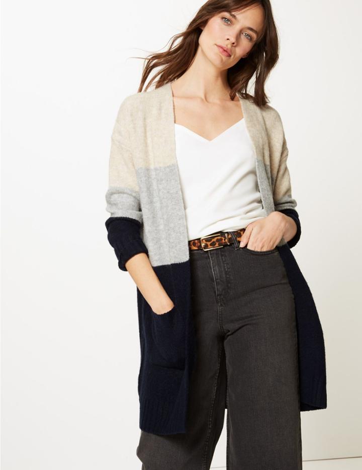 Marks & Spencer Colour Block Spongy Longline Cardigan Navy Mix