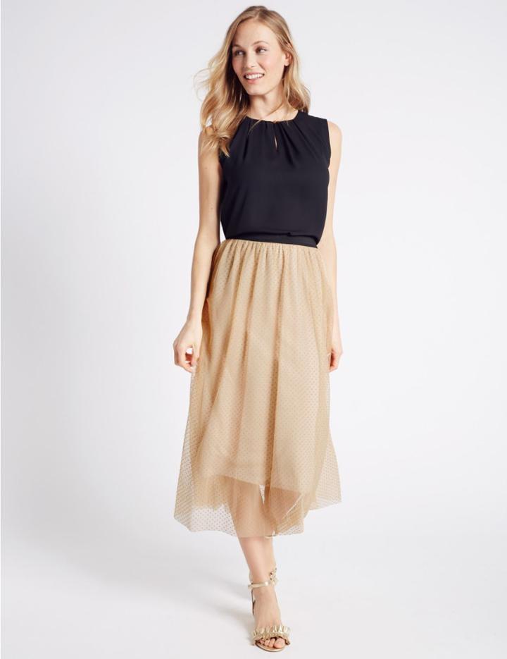 Marks & Spencer Spotted Mesh A-line Midi Skirt Oyster