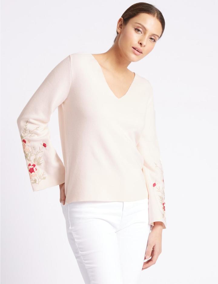 Marks & Spencer Pure Cotton V-neck Flared Sleeve Jumper Soft Pink
