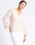Marks & Spencer Pure Cotton V-neck Flared Sleeve Jumper Soft Pink