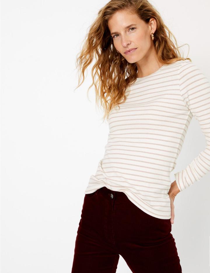 Marks & Spencer Lurex Striped Long Sleeve T-shirt Ivory Mix