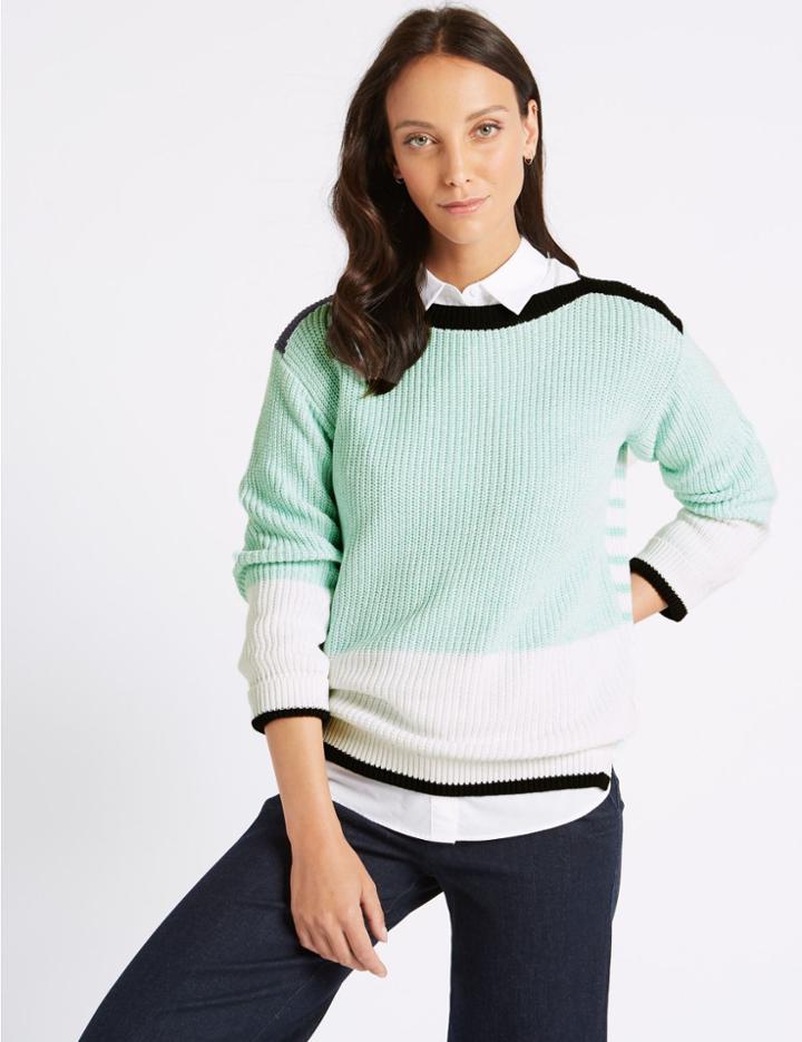 Marks & Spencer Pure Cotton Colour Block Slash Neck Jumper Blue Mix