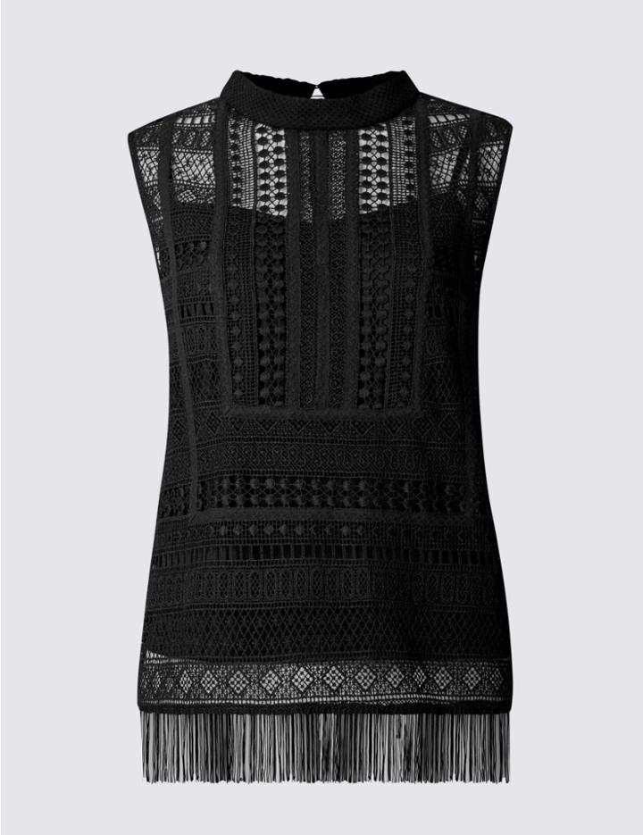 Marks & Spencer Lace Fringe Round Neck Sleeveless Shell Top Black