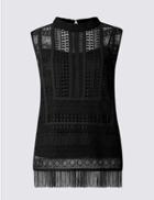 Marks & Spencer Lace Fringe Round Neck Sleeveless Shell Top Black