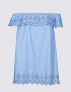 Marks & Spencer Curve Pure Cotton Embroidered Bardot Top Bluebell