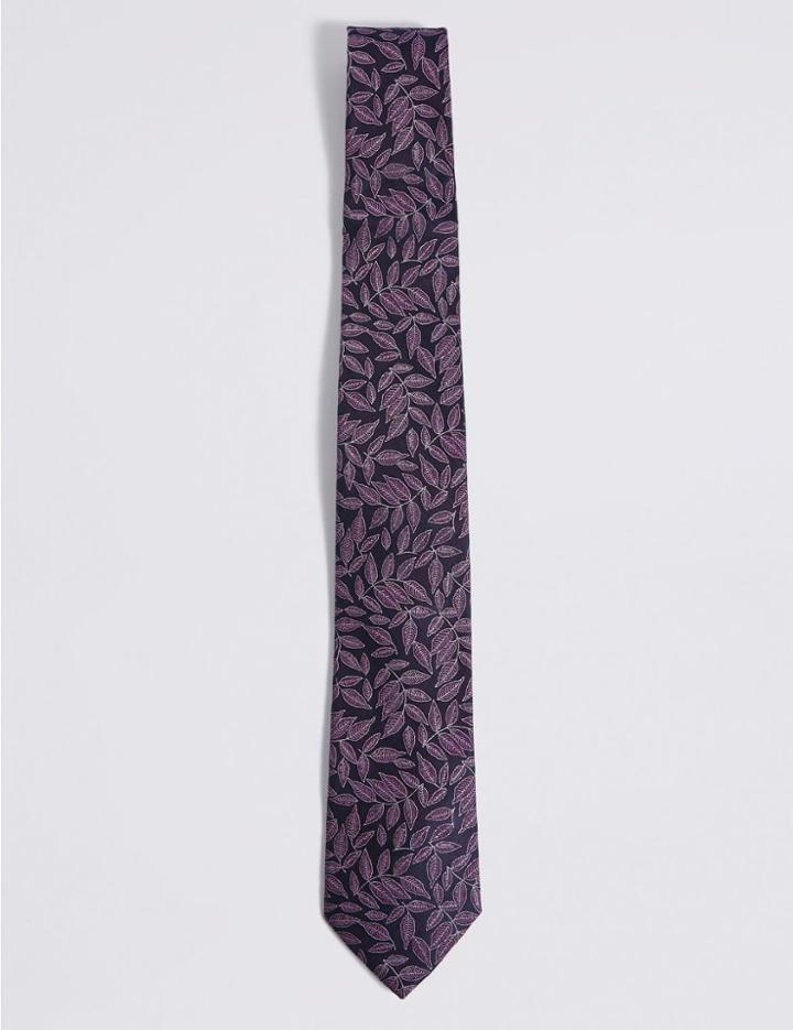 Marks & Spencer Pure Silk Leaf Tie Magenta Mix