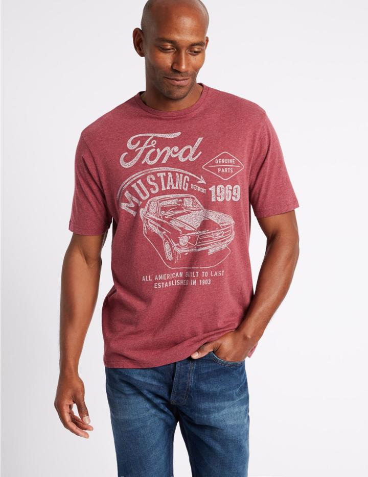 Marks & Spencer Pure Cotton Printed Crew Neck T-shirt Burgundy Mix