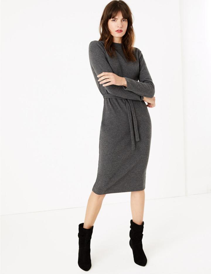 Marks & Spencer Cotton Rich Belted Shift Midi Dress Dark Grey