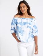 Marks & Spencer Pure Cotton Printed 3/4 Sleeve Bardot Top Blue Mix
