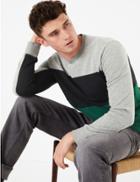 Marks & Spencer Pure Cotton Colour Block Crew Neck Sweatshirt Dark Green Mix