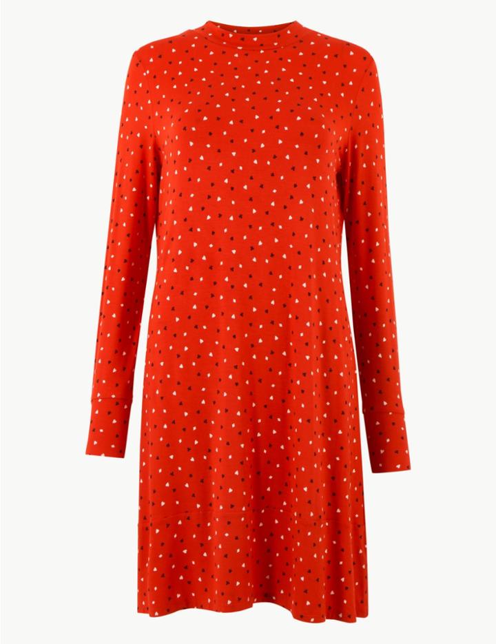 Marks & Spencer Printed Jersey Long Sleeve Swing Mini Dress Red Mix