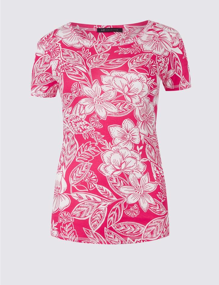 Marks & Spencer Pure Cotton Floral Print Round Neck T-shirt Pink Mix