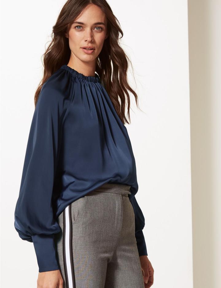 Marks & Spencer Satin Round Neck Long Sleeve Blouse Navy