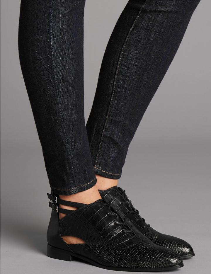 Marks & Spencer Leather Block Heel Lace-up Shoe Boots Black Mix