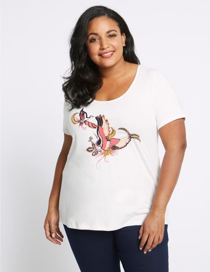Marks & Spencer Curve Pure Cotton Embroidered T-shirt Oatmeal Mix