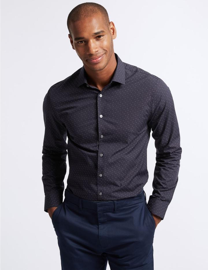 Marks & Spencer Pure Cotton Skinny Fit Shirt Navy