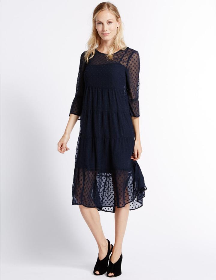 Marks & Spencer Polka Dot 3/4 Sleeve Tunic Midi Dress Navy