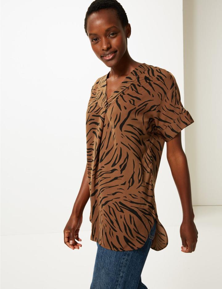Marks & Spencer Satin Animal Print Longline Tunic Brown Mix