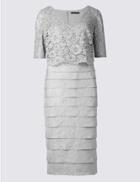 Marks & Spencer Shutter Pleated Floral Lace Shift Dress Silver Grey