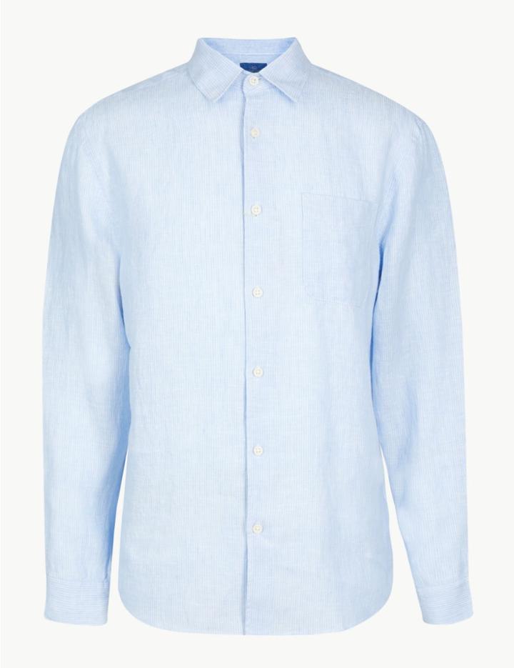 Marks & Spencer Pure Linen Striped Shirt Light Blue