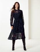 Marks & Spencer Floral Print Long Sleeve Shirt Midi Dress Blue/black