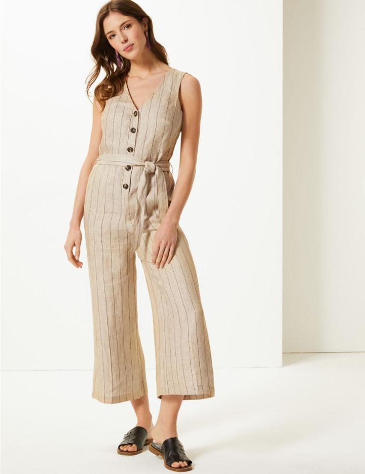 Marks & Spencer Pure Linen Striped Jumpsuit Multi/neutral