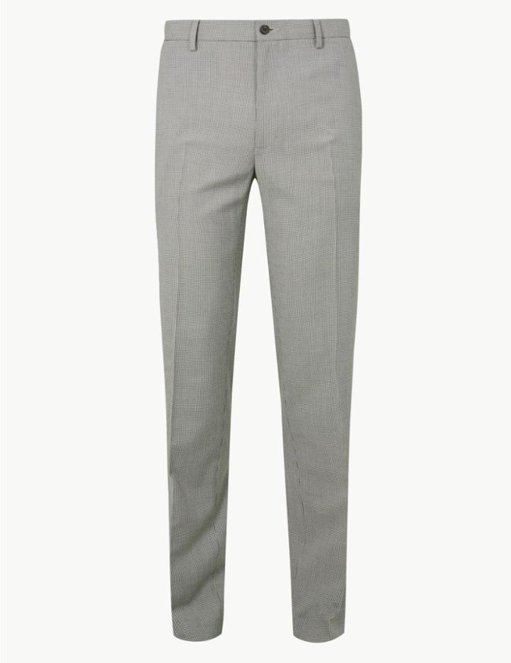Marks & Spencer Tailored Fit Checked Flat Front Trousers Neutral