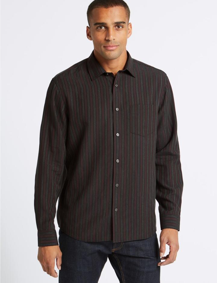 Marks & Spencer Modal Rich Striped Shirt With Pocket Aubergine Mix