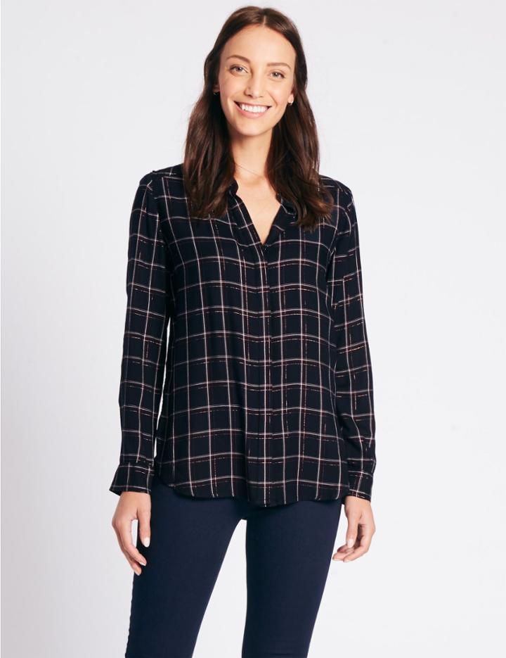 Marks & Spencer Lurex Checked Long Sleeve Shirt Navy Mix