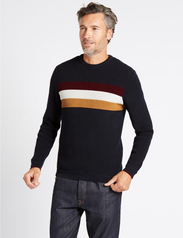 Marks & Spencer Cotton Rich Striped Crew Neck Jumper Navy Mix