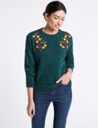 Marks & Spencer Embroidered Round Neck Long Sleeve Jumper Teal